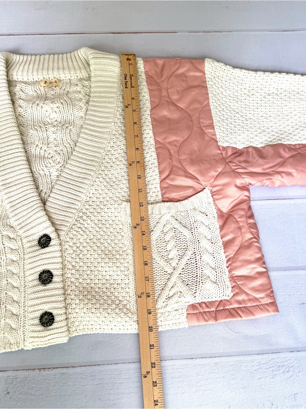 POL Cream Cable Knit Cardigan Quilted Pink Satin Patchwork Button Front Size M - Picture 11 of 15